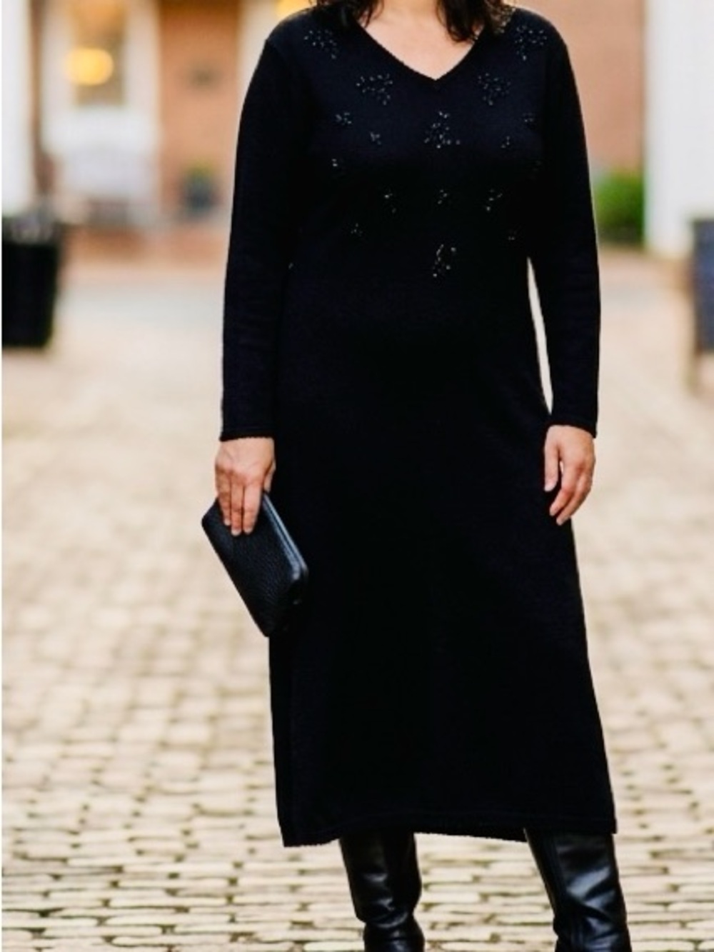 Elegant Black Long-Sleeve V-Neck Embellished Midi Dress